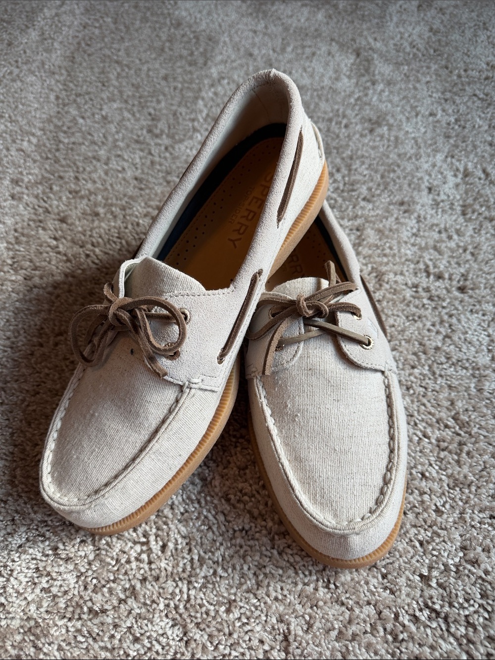 Sperry Men’s Canvas Boat Shoes in Natural Beige with Tan Sole